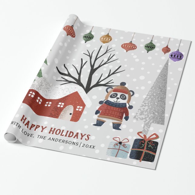 Papel De Regalo Panda de invierno y árboles Felices vacaciones Nav (Desenrollado)