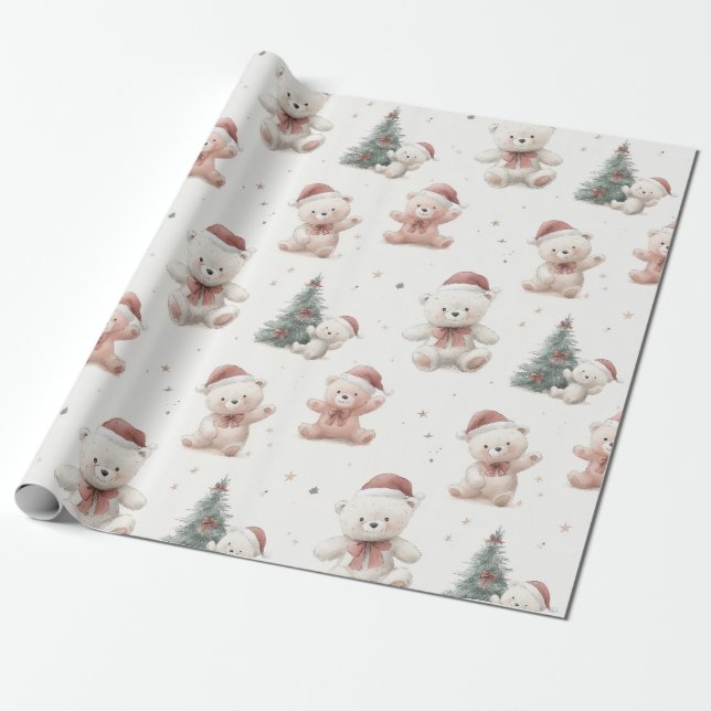 Papel De Regalo Panda de peluche de Navidad rosa  (Desenrollado)