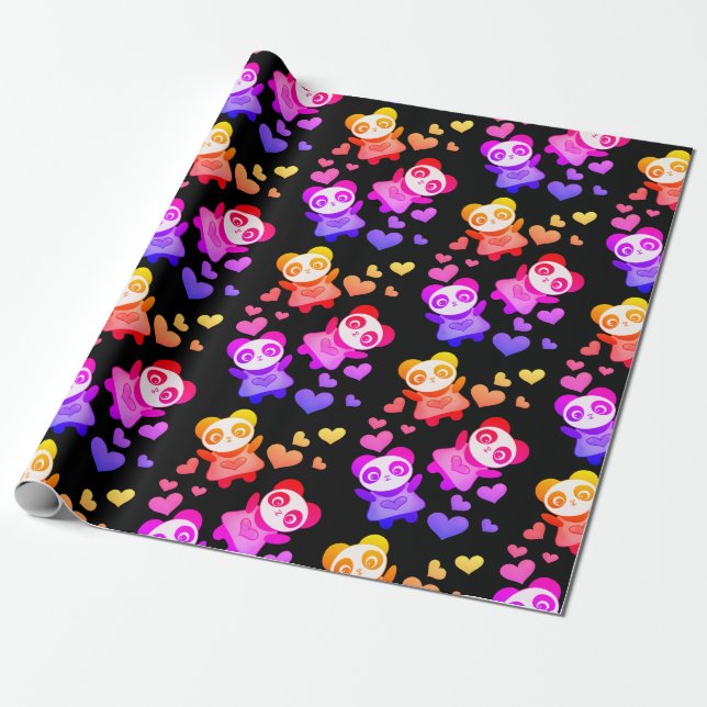 Papel De Regalo Panda Love Cosmic Space Rainbow Heart (Desenrollado)