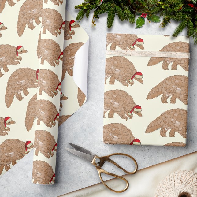 Papel De Regalo Pangolin, navidades, usando un Sombrero Santa (Christmas pangolin wearing santa hat pattern wildlife holiday wrapping paper )