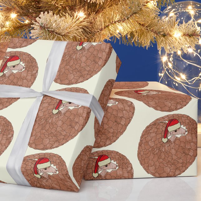 Papel De Regalo Pangolin pone en peligro a los Navidades de animal (Christmas cute pangolin holiday wrapping paper Rolled up pangolin wearing a Santa hat pattern)