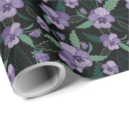 Papel De Regalo Pansia floral con follaje sobre fondo oscuro