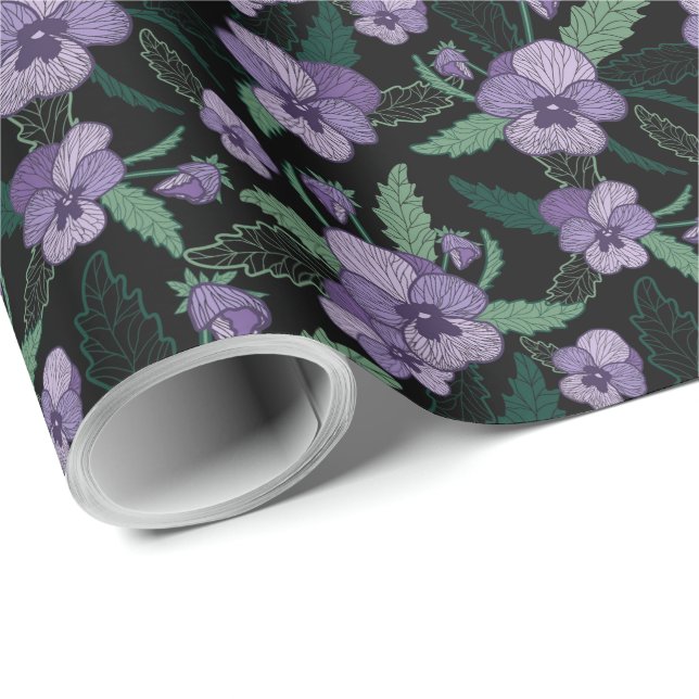 Papel De Regalo Pansia floral con follaje sobre fondo oscuro (Esquina del rollo)