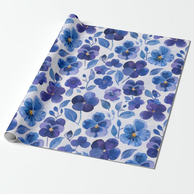 Papel De Regalo Pansies de estilo acuarela Impresión Floral Azul P (Desenrollado)