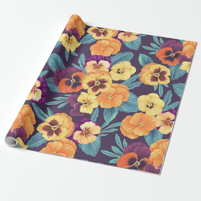 Papel De Regalo Pansies en violeta de ciruela (Desenrollado)