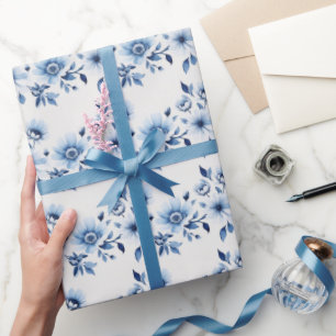 Papel De Regalo Pañuelo Floral de Toile Blanco Azul para Boda y Ba