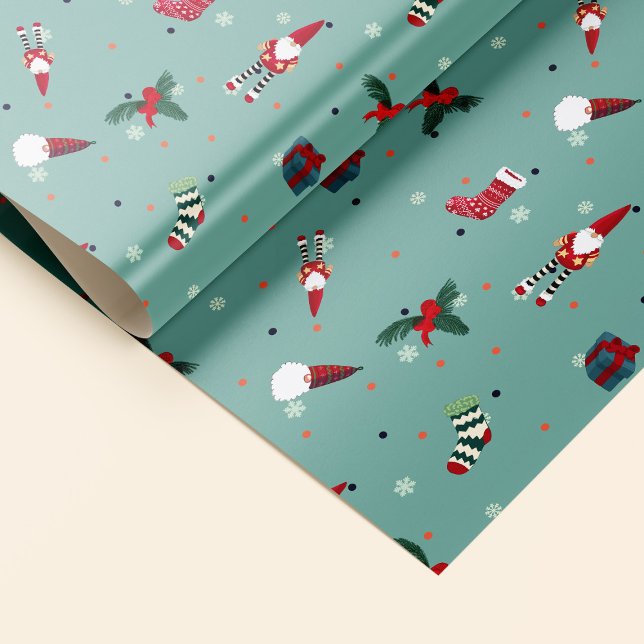 Papel De Regalo Papa Noel, calcetines navideños y regalos (Charming wrapping paper with Santa Claus, socks and presents on turquoise background with snowflakes)