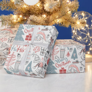 Papel De Regalo Papá Noel de estilo antiguo garabateado de Navidad