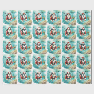 Papel De Regalo Papá Noel de Navidad buceando con tortuga