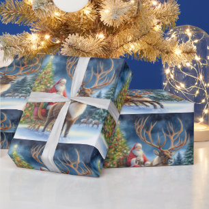 Papel De Regalo Papá Noel de Navidad y Reno IA             