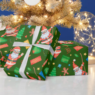 Papel De Regalo Papá Noel divertido de Navidad con regalos verdes