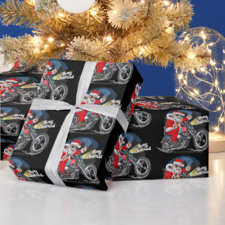 Papel De Regalo Papá Noel divertido en moto con puro en Navidad