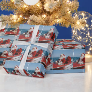 Papel De Regalo Papá Noel entregando regalos en lancha rápida