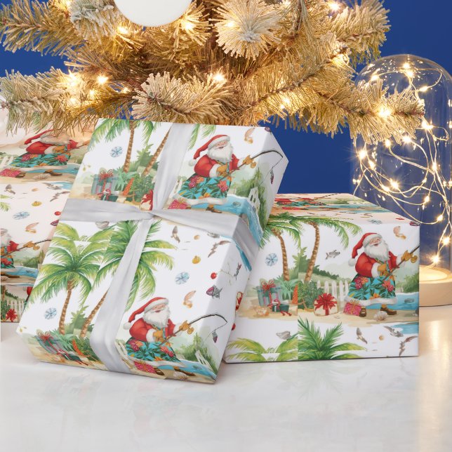 Papel De Regalo Papá Noel Navidad Pescando en Verano (Vacaciones)