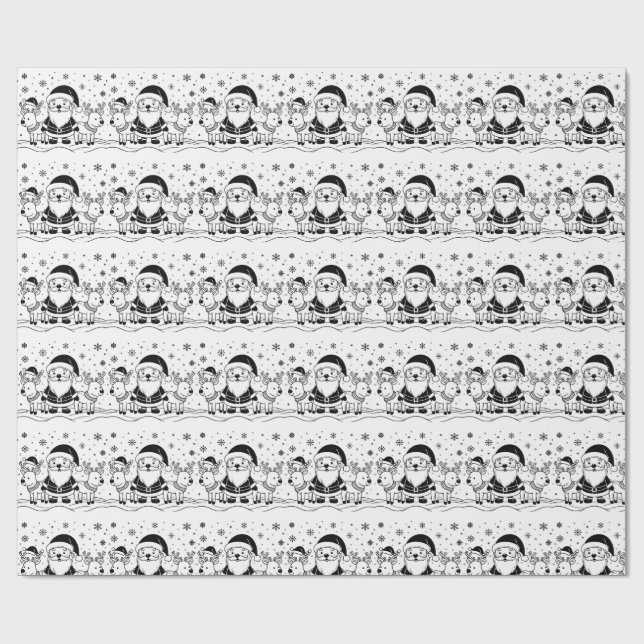 Papel De Regalo Papá Noel negro y blanco con renos (Superficie plana)