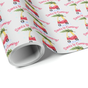 Papel De Regalo Papá Noel se acerca al auto rojo del árbol de Na