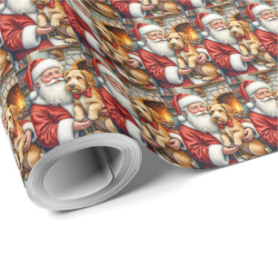 Papel De Regalo Papá Noel sosteniendo arte navideño de Airedale