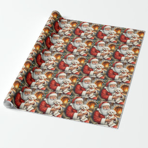 Papel De Regalo Papá Noel sosteniendo arte navideño de Bichon Fris