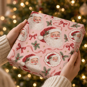Papel De Regalo Papá Noel Vintage Rosa y Lazo Rojo de Navidad