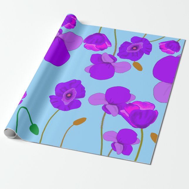 Papel De Regalo Papaver Poppy Lilac sobre fondo pálido-azul (Desenrollado)