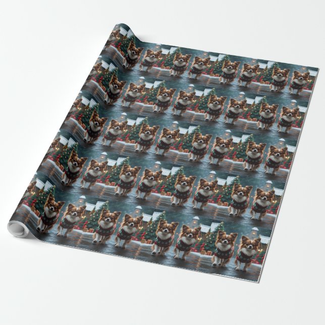 Papel De Regalo Papillon Dogs Christmas Snow Holiday (Desenrollado)