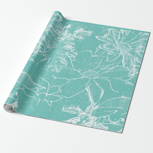 Papel De Regalo Paquete floral blanco transparente - azul verdoso (Desenrollado)