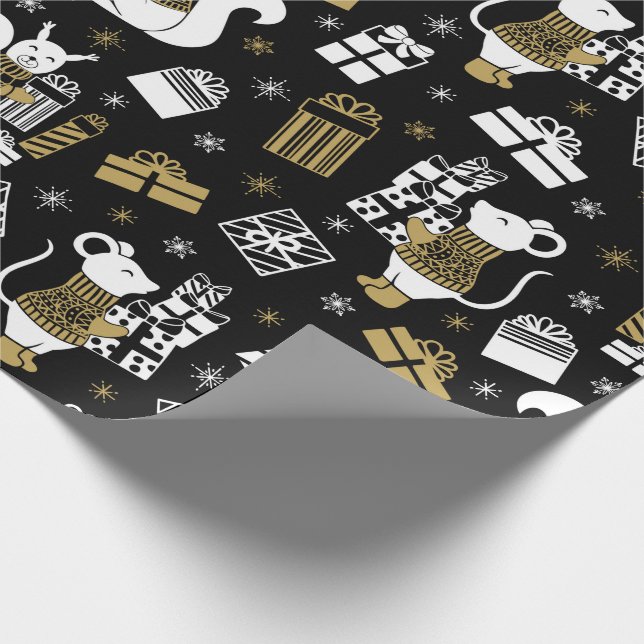 Papel De Regalo Paquetes de regalo de ratones blancos de oro negro (Esquina)