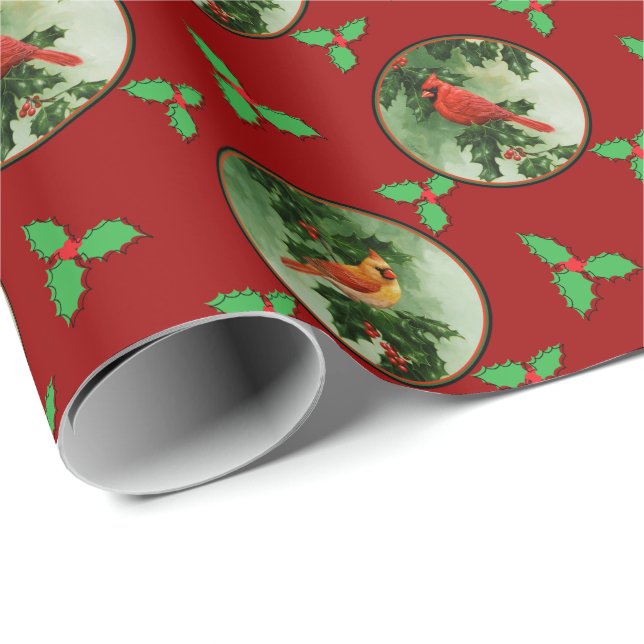 Papel De Regalo Par de cardenales rojos y hojas holly (Esquina del rollo)