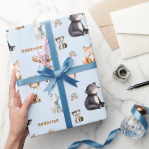 Papel de regalo para baby shower Woodland Blue