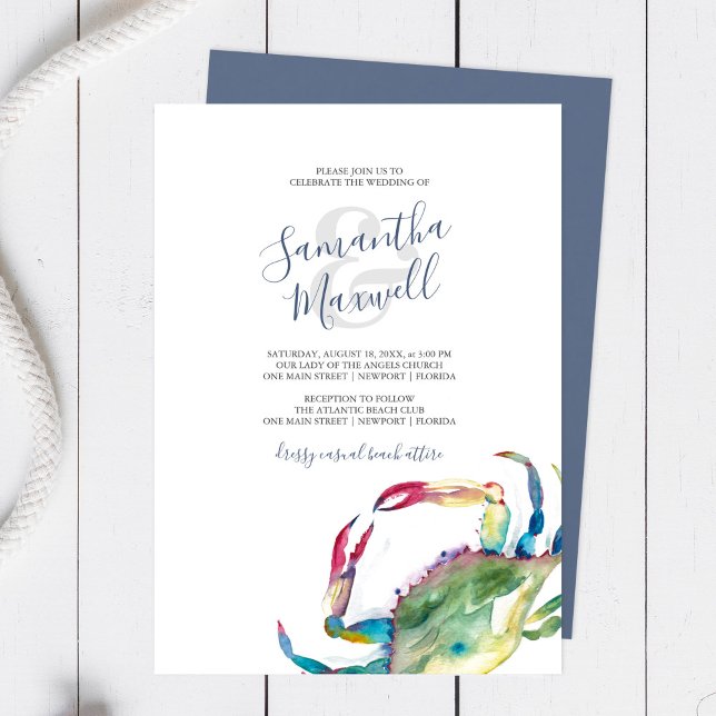 Papel de regalo para boda de cangrejo en acuarela (Beach wedding invitations watercolor blue crab art by Victoria Grigaliunas of Do Tell A Belle)