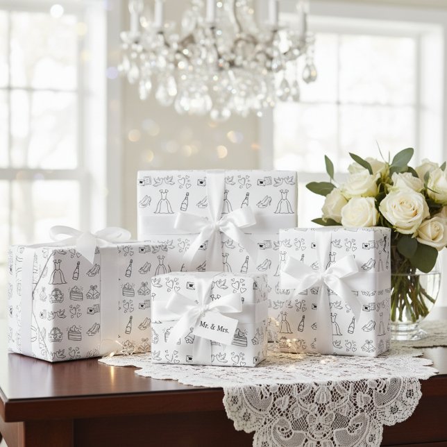 Papel de Regalo para Día de Boda Elegante (Timeless Wedding Icons Wrapping Paper)