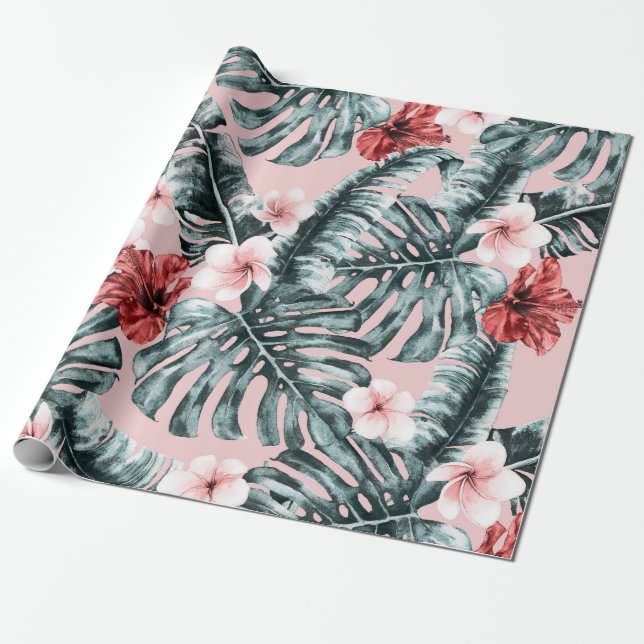 Papel De Regalo Paraiso Rosa Isla Tropical Floral Botánico (Desenrollado)