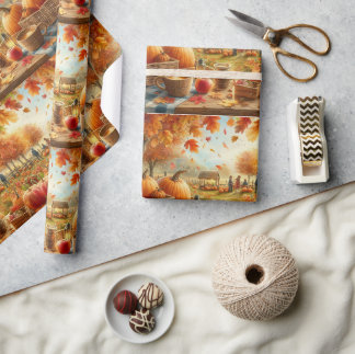 Papel De Regalo Parche de calabaza de otoño Hojas naranjas