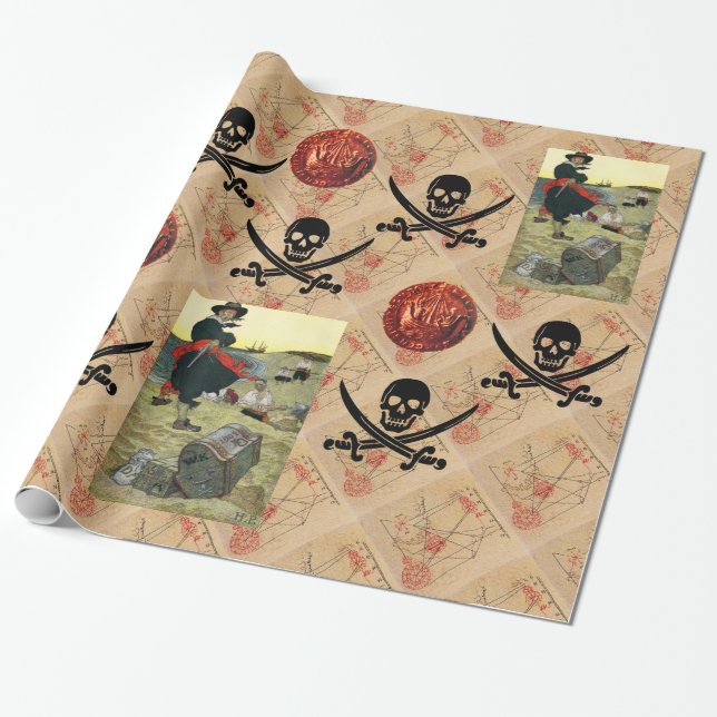 PAPEL DE REGALO PARCHE DE MAPA DE TESORERÍA Y DULCES, PIRATAS (Desenrollado)
