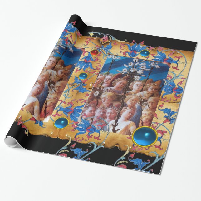 Papel De Regalo PARCHMENTO DE ÁNGELES navidades, FLORES AZULES ROJ (Desenrollado)