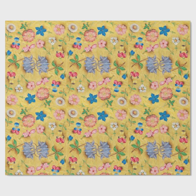 PAPEL DE REGALO PARCHMENTO FLORAL ANTIGUO / ROSAS SALVAJES Y PANSI (Superficie plana)