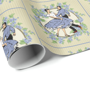 Papel De Regalo Pareja Cuadrada De Baile Con Marco Floral Azul Tan