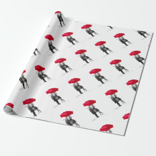 Papel De Regalo Pareja de amor con paraguas rojos