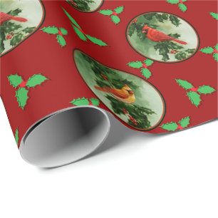 Papel De Regalo Pareja de Cardenales Rojos y Hojas de Acebo