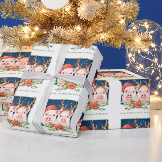 Papel De Regalo Pareja de cerdo Navidades Santa y reno (Vacaciones)