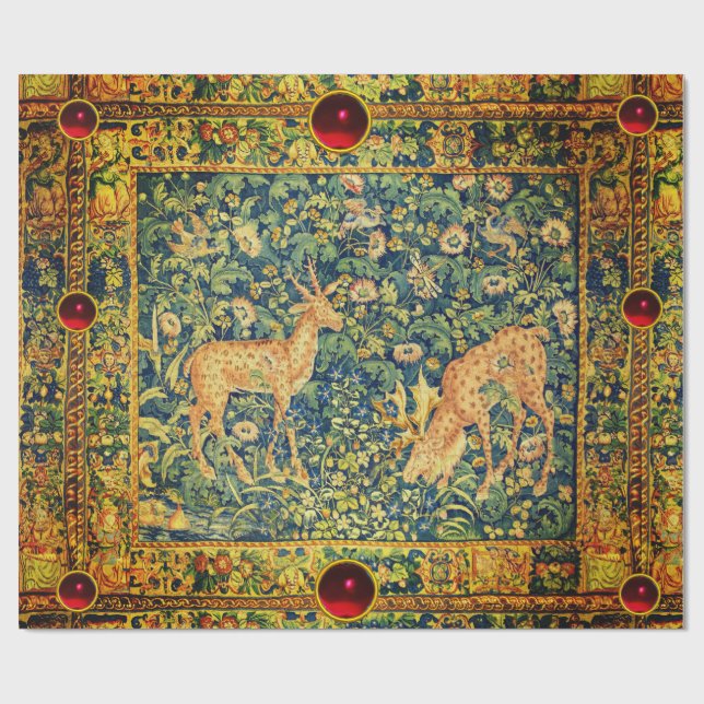 Papel De Regalo PAREJA DE DEER CAÍDA,FLORES DE FANTASÍA GÓTICA,Ver (Superficie plana)