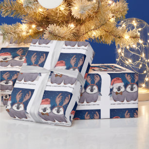 Papel De Regalo Pareja de pingüinos Lindo Santa de Navidad y Reno