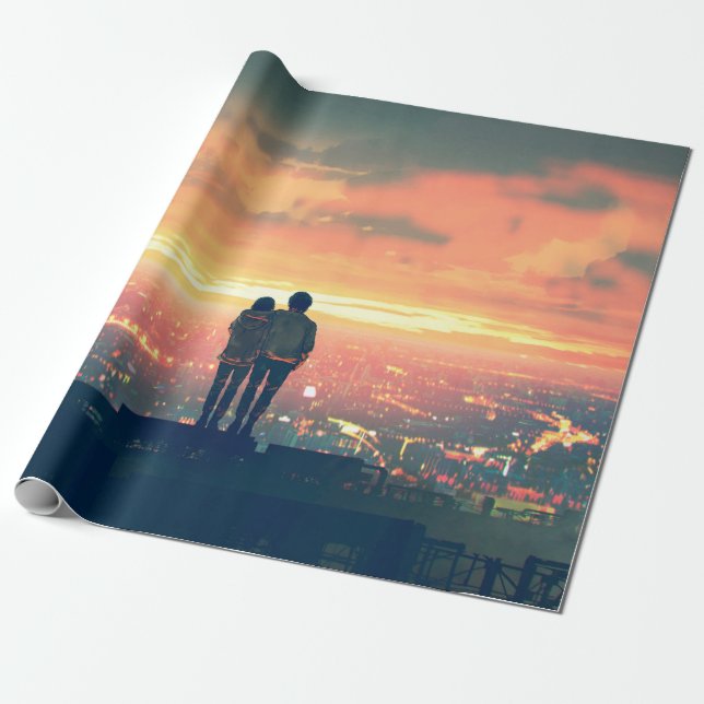 Papel De Regalo pareja joven de pie en la azotea mirando a c (Desenrollado)