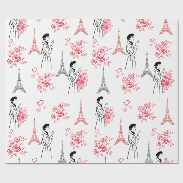 Papel De Regalo Paris Love Pattern – Eiffel Tower & Roses Seamless (Superficie plana)