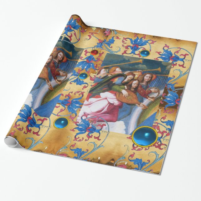 PAPEL DE REGALO PARQUE DE ÁNGELES MUSICALES, FLORES AZULES ROJOS,  (Desenrollado)
