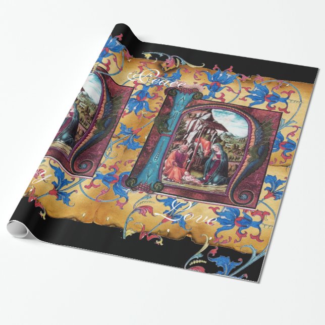 PAPEL DE REGALO PARQUE DE NAVIDADES FLORALES DE NATIVITY MONOGRAM (Desenrollado)