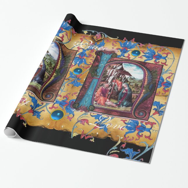 PAPEL DE REGALO PARQUE DE NAVIDADES FLORALES DE NATIVITY MONOGRAM (Desenrollado)