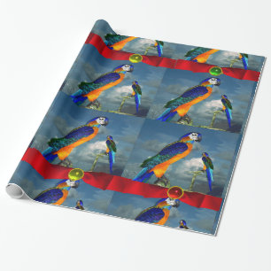 PAPEL DE REGALO PARROS HIPEROS/ARA AZUL CON RIBBOLSOS ROJOS