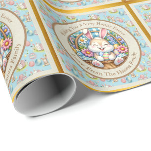 Papel De Regalo Pascua feliz con conejo, huevos y flores