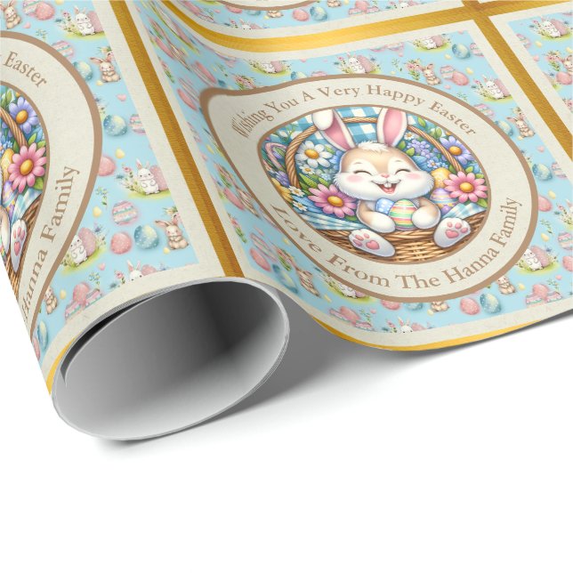 Papel De Regalo Pascua feliz con conejo, huevos y flores (Esquina del rollo)